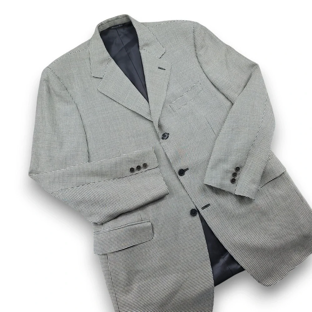 Canali Blazer Men 44R Black White Silk Wool Blend Houndstooth Sport Coat Italy